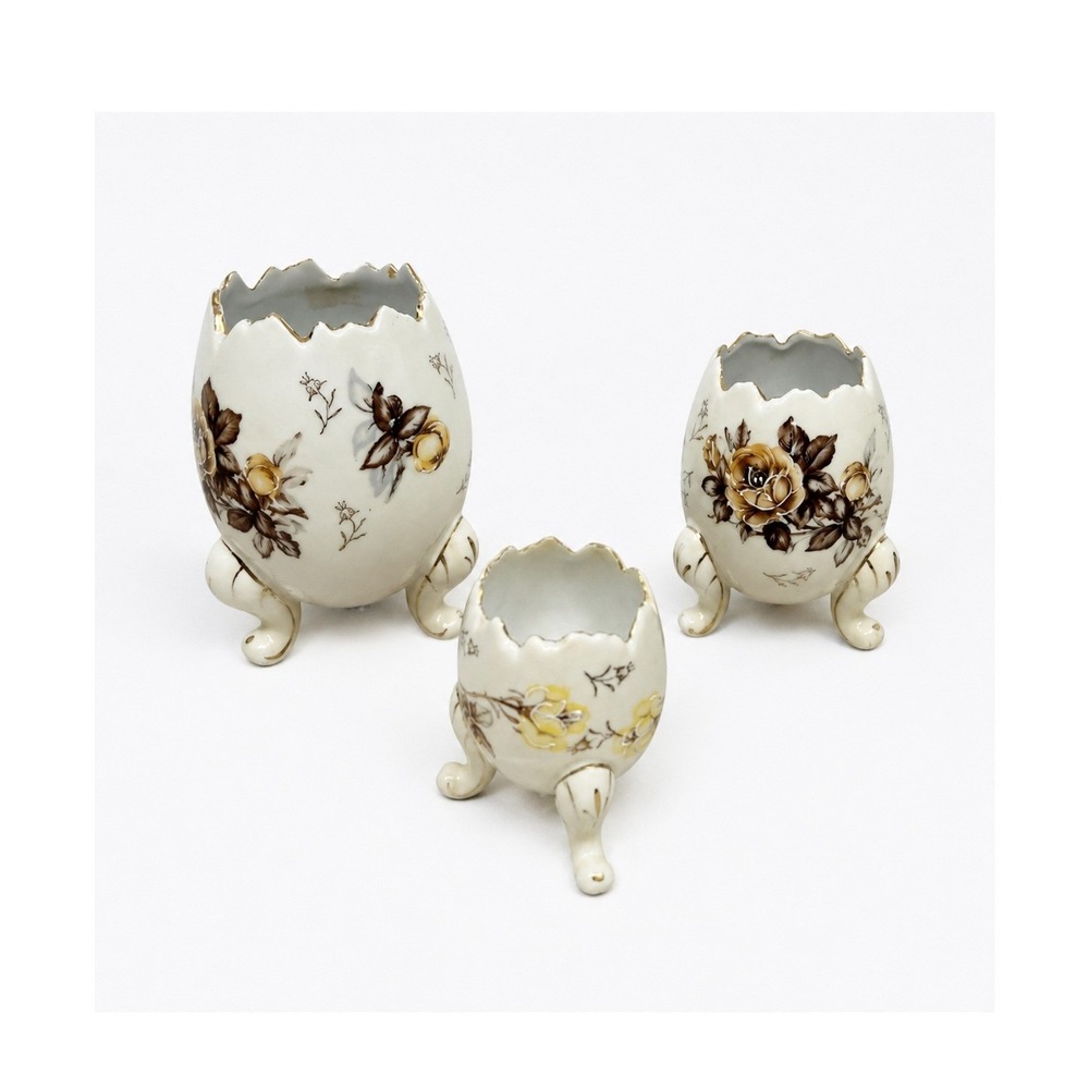 Vintage Napcoware Set of 3 Floral Egg Footed Vases C3199 Gold Trim Cracked Shell